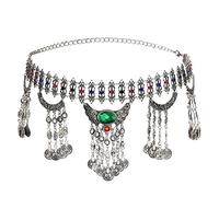 HAODUOO Waist Chain Metal Hippie Boho Flower Turkish Bohemian Shiny Dress Belt Belly Dance Waist Chain Coins Sexy Body Woman(Green)