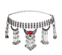HAODUOO Waist Chain Metal Hippie Boho Flower Turkish Bohemian Shiny Dress Belt Belly Dance Waist Chain Coins Sexy Body Woman(Red)