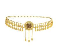 HAODUOO Waist Chain Thailand Gold Metal Belly Dance Waist Chains for Women Boho Carved Flower Rhinestone Long Tassel Dress Belt Chains Indian Egypt Woman
