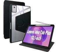 Haofun Funda para Lenovo Idea Tab Plus, Cover Protectora Giratoria 360 Grados con Soporte Plegable/Ranura para bolígrafo, Funda de Cuero PU + Acrílico Transparente, Negro