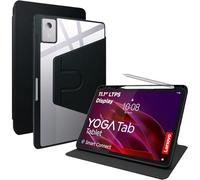 Haofun Funda para Lenovo Yoga Tab, Cover Protectora Giratoria 360 Grados con Soporte Plegable/Ranura para bolígrafo, Funda de Cuero PU + Acrílico Transparente, Negro