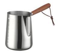 Haofy Jarra de Leche 350ML, Acero Inoxidable 304 con de Madera (350ML) | Marcas de Volumen Grabadas, Agarre Aislado, Pico Puntiagudo, Cuerpo Resistente Al óxido, para Principiantes en Arte Latte,
