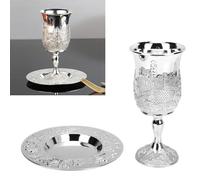 Haofy Juego de Tazas Kiddush de Estilo Europeo, Copa y Plato de Vino con Tallo Vintage, Regalo Ceremonial Multifuncional de Aleación de Zinc para Festivales de Bodas (Color plata)