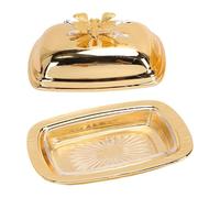 Haofy Plato de Mantequilla Cubierto, Recipiente de Metal para Mantequilla, Rectángulo de Aleación de Hierro con Tapa, Elegante Acabado Dorado para Refrigerador, Mostrador, Fruta, (Rectángulo Oro)