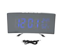 Haofy Reloj con Espejo LED Curvado con Pantalla de Temperatura y Humedad, 3 Alarmas, Brillo Ajustable Activado por Sonido para Escritorio, Mesita de Noche, Decoración Moderna (Carcasa Negra Luz Azul)