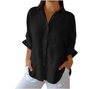 HAOLEI Moda Color Solido Camisa Lino Mujer,Casual Algodón y Lino Camiseta Mujer de Manga Larga de Cuello Solapa con Botones Multicolor Suelta Blusas Lino Mujer Verano Camisa Blanca Mujer