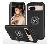 HAONANDE Funda Fina para Google Pixel 8A,Carcasa Armor Hard PC Antigolpes Protectora Case con 360° Metálico Soporte de Anillo, 1*Protector de Pantalla de Cristal Templado,Negra