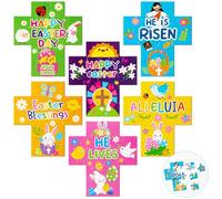 Haooryx 12 rompecabezas en forma de cruz con temática de Pascua para niños, dibujos animados religiosos Jesús He Is Risen He Lives rompecabezas colorido lindo feliz Pascua Buuny rompecabezas para