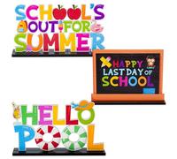 Haooryx 3 piezas de centros de mesa de madera para fin de año escolar, decoración de mesa de madera con texto en inglés "Happy Last Day of School", letrero de letras de Hello Pool para el último día