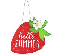 Haooryx Letrero colgante de madera de fresa para puerta de bienvenida, con texto en inglés "Hello Summer Strawberry Door Sign with Hanging Rope Front Door Porch Wooden Hanging Decorations Supplies