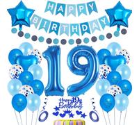 Haosell Decoración 19 Años Cumpleaños Azul, Globo Número 19, Globo Corazón, Globo Estrella, Globo Látex, Globo Confeti, Bandera Feliz Cumpleaños, Decoración Tarta, Fiesta Cumpleaños Niño Niña Unisex