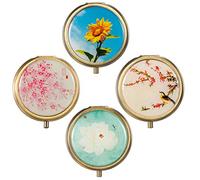 Haosell - Pastillero de metal, 4 unidades, diseño retro, tamaño pequeño, 3 compartimentos, portátil, para viaje, con espejo, de acero inoxidable, para uso diario