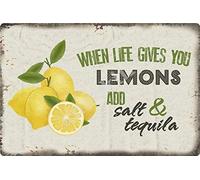 Haosensix Cartel de metal con diseño de frutas con texto en inglés "When Life Gives You Lemons Add Salt & Tequila", placa retro para el hogar, cocina, bar, cafetería, póster de pintura de 12 x 16