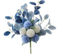 HAOSHICS Ramo de flores falsas blancas, hortensias, flores artificiales de crisantemo, flores artificiales de seda para decoración de centros de mesa de café (blanco y azul)