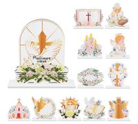HAOWANWW - 12 piezas de decoración de mesa de madera independiente, decoración floral blanca y dorada, centros de mesa alveolados, decoración de bautizo, centro de mesa, que Dios te bendiga decoración