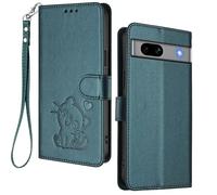 HAOYE Funda Cartera para Google Pixel 7a, Diseño Gatito Adorable, Carcasa de Cuero con Cierre Magnético, TPU Antigolpes, Porta Tarjetas & Soporte - Verde Oscuro