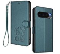 HAOYE Funda Cartera para Google Pixel 9, Diseño Gatito Adorable, Carcasa de Cuero con Cierre Magnético, TPU Antigolpes, Porta Tarjetas & Soporte - Verde Oscuro
