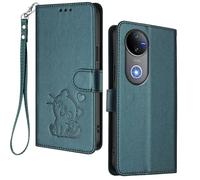 HAOYE Funda Cartera para Vivo V50 5G, Diseño Gatito Adorable, Carcasa de Cuero con Cierre Magnético, TPU Antigolpes, Porta Tarjetas & Soporte - Verde Oscuro