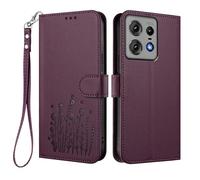 HAOYE Funda de Cuero Floral para Motorola Edge 50 Pro 5G, Cartera Multi-Bolsillos con Cierre Magnético, Soporte Plegable & Carcasa Protectora TPU Antigolpes - Púrpura Oscuro