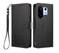 HAOYE Funda de Cuero Floral para Vivo X200 FE, Cartera Multi-Bolsillos con Cierre Magnético, Soporte Plegable & Carcasa Protectora TPU Antigolpes - Negro