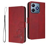 HAOYE Funda de Cuero Patrón de Panda para Realme C63 / Realme C61 / Realme Note 60 - Protección RFID Carcasa con Ranuras Tarjetas, Soporte & Antigolpes - Rojo Vino