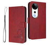 HAOYE Funda de Cuero Patrón de Panda para Vivo V40 5G - Protección RFID Carcasa con Ranuras Tarjetas, Soporte & Antigolpes - Rojo Vino