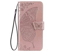HAOYE Funda para Motorla Moto Edge 40 Neo, Suave TPU/PU Cuero Flip Carcasa Case Cover, Magnética en Relieve de la Mariposa, Billetera con Soporte/Tapa Tarjetas. Oro Rosa