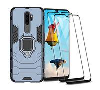 HAOYE Funda para OPPO A5 2020 y 2 Piezas Cristal Templado, Shockproof Carcasa con 360 Grados Giratorio Anillo Kickstand, Hard PC y Silicona TPU Hybrid Armor Case. Azul Marino