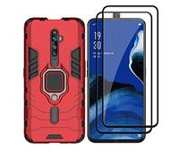HAOYE Funda para OPPO Reno 2Z y 2 Piezas Cristal Templado, Shockproof Carcasa con 360 Grados Giratorio Anillo Kickstand, Hard PC y Silicona TPU Hybrid Armor Case. Rojo