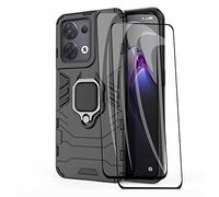 HAOYE Funda para OPPO Reno8 (Reno 8) 5G y 2 Cristal Templado, Shockproof Carcasa con 360 Grados Giratorio Anillo Kickstand, Hard PC y Silicona TPU Case Cover. Negro