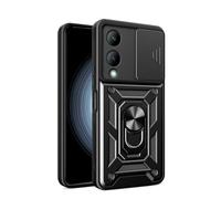 HAOYE Funda para Vivo Y17s, Shockproof Carcasa con Giratorio Anillo Kickstand y Cubierta Deslizante de la Cámara, PC y TPU Case Cover. Negro