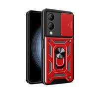 HAOYE Funda para Vivo Y17s, Shockproof Carcasa con Giratorio Anillo Kickstand y Cubierta Deslizante de la Cámara, PC y TPU Case Cover. Rojo