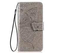 HAOYE Funda para Xiaomi 14T Pro 5G, Suave TPU/PU Cuero Flip Carcasa Case Cover, Magnética en Relieve de la Mariposa, Billetera con Soporte/Tapa Tarjetas. Gris