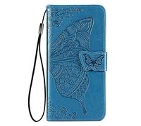HAOYE Funda para Xiaomi Poco F4, Suave TPU/PU Cuero Flip Carcasa Case Cover, Magnética en Relieve de la Mariposa, Billetera con Soporte/Tapa Tarjetas. Azul