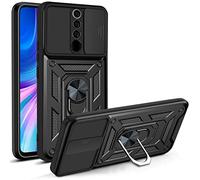 HAOYE Funda para Xiaomi Redmi Note 8 Pro, Shockproof Carcasa con Giratorio Anillo Kickstand y Cubierta Deslizante de la Cámara, PC y TPU Case Cover. Negro