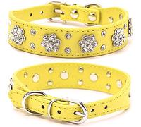 haoyueer Collar de perro con diamantes de imitación, bonito collar de perro con diamantes de imitación, collar de piel sintética, tamaño ajustable, tamaño pequeño, mediano y grande (S, amarillo)
