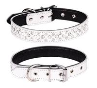 Haoyueer Collar de perro con diamantes de imitación, collar ajustable de cuero genuino con tachuelas de cristal brillante para perros pequeños y medianos (L, blanco)