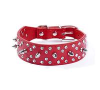 haoyueer Collar de perro de cuero con tachuelas con pinchos, con remaches de bala y diamantes de imitación, suave y ajustable para perros medianos y grandes (M, rojo)