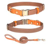 Haoyueer Collar de perro de nailon, con hebilla de seguridad de metal, collar de cuero ajustable y nailon para mascotas y correa para perros pequeños, medianos y grandes (L, marrón)