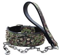 Haoyueer - Collar de piel con tachuelas para perro de 5 cm de ancho + correa para cadena para perro, resistente, ajuste grande, para razas, grandes, grandes, grandes, Husky Mastiff Terrier