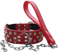 Haoyueer - Collar de piel con tachuelas para perro de 5 cm de ancho + correa para cadena para perro, resistente, ajuste grande, para razas, grandes, grandes, grandes, Husky Mastiff Terrier