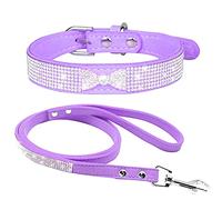 haoyueer Lindo Deslumbrante y Elegante Elegante de Gamuza Suave de Cuero con Diamantes de Imitaci de Cristal Jeweled Pet Cat Dog Dog Collar de Perro Correa Combo Set