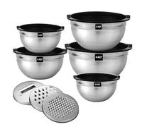 HAOYULUO 5 piezas Cuencos Mezcladores de Acero Inoxidable, boles de acero inoxidable con tapa-4.5L/2.7L/1.6L/1.1L/0.7L,con 3 accesorios para moler, encajables para guardarlos, aptos para lavavajillas