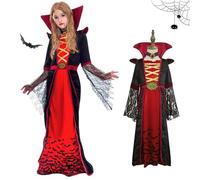 HAOZHENF Disfraz Vampiro Niña, Disfraces Halloween Niña de Vampira con Collar de Rubí, Vestido Gótico Victoriano de Vampiresa para Niñas, Disfraz para Halloween, Carnaval, Cosplay y Fiestas