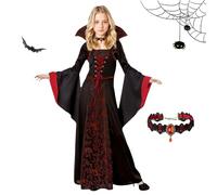 HAOZHENF Disfraz Vampiro Niña, Disfraces Halloween Niña de Vampira con Collar de Rubí, Vestido Gótico Victoriano de Vampiresa para Niñas, Disfraz para Halloween, Carnaval, Cosplay y Fiestas
