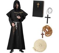 Haozozo Disfraz Halloween Hombre Adulto,Conjunto De Disfraz Monje Hombre Incluye Túnica, Sotana, Cuaderno CláSico Y DecoracióN Con Cruz, Disfraz Halloween Hombre De Monje Medieval. (XL)