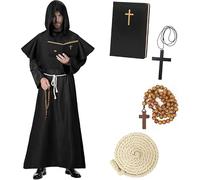 Haozozo Disfraz Halloween Hombre Adulto,Conjunto De Disfraz Monje Hombre Incluye Túnica, Sotana, Cuaderno CláSico Y DecoracióN Con Cruz, Disfraz Halloween Hombre De Monje Medieval. (2XL)