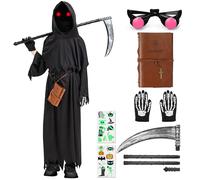 Haozozozo Disfraz Halloween Niño, Disfraces Halloween NiñO Con Gafas Brillantes, Cuaderno, GuadañA Y Guantes De Calavera - Disfraz Muerte Niño (9-10 años)