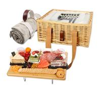 Hap Tim Cesta de picnic de mimbre para 2 personas con mini mesa plegable de picnic de vino y bolsa térmica grande aislada y kits de servicio de cubiertos para 2 personas, regalos para parejas, regalos