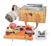 Hap Tim Cesta de picnic de mimbre para 4 personas con mini mesa plegable de picnic de vino y bolsa térmica grande aislada y kits de servicio de cubiertos para 4 personas, regalos para parejas, regalos
